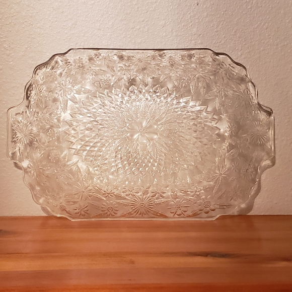 Vtg Serving Plate/Snack Tray Clear Depression Glass Flowers Pineapple & Floral - Picture 4 of 4